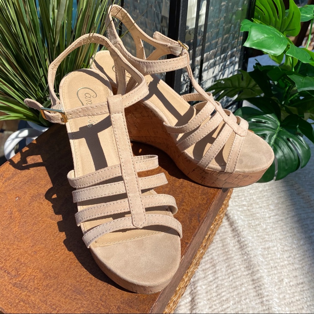 Candie's Platform Beige Wedge Sandals